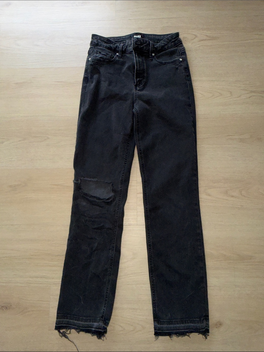 PAIGE Black High-Rise Straight-Leg Jeans with Distressed Knee